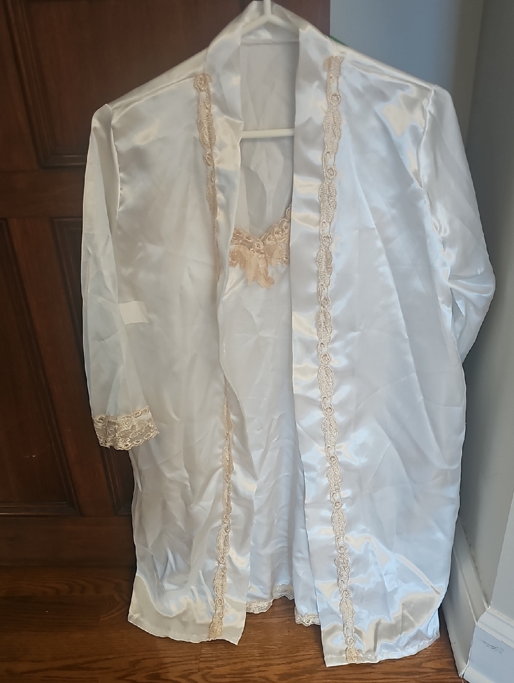 NEW Satin Lace Trim Robe and Slip Set - White with Beige Lace